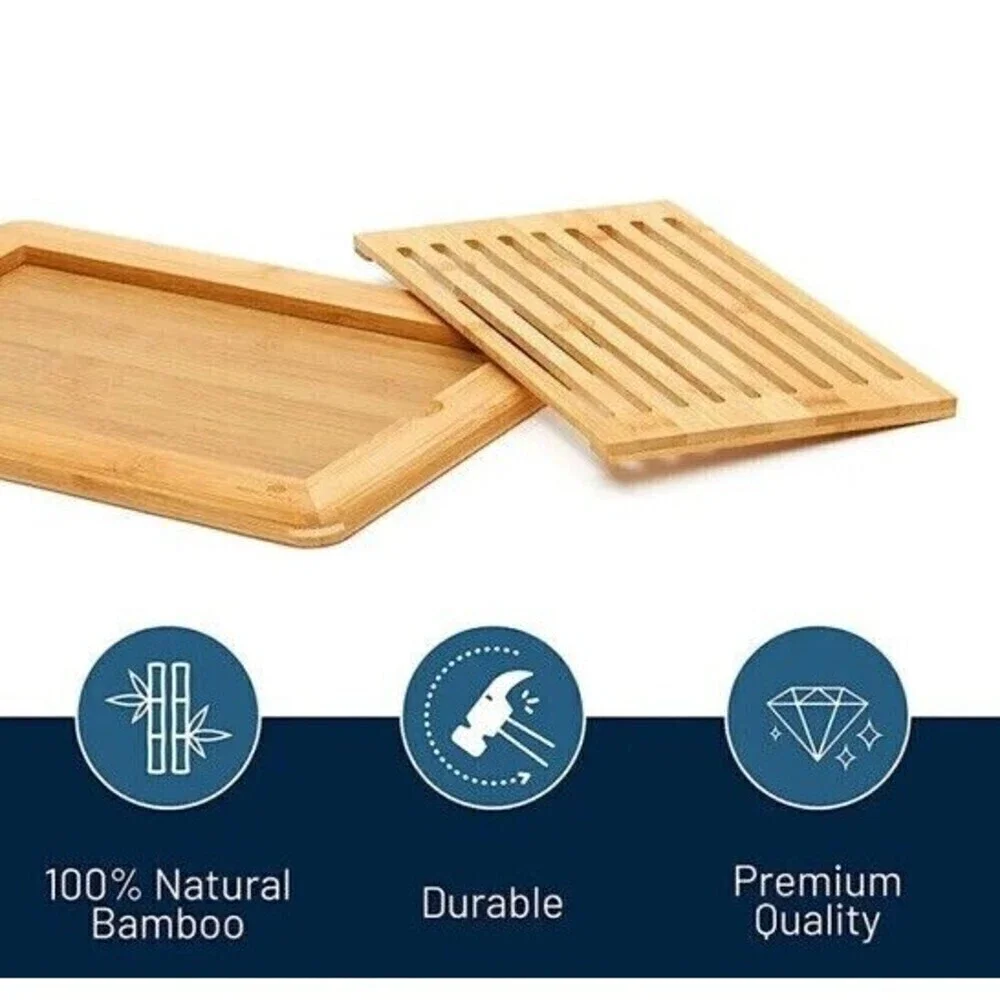 Large Natural Bamboo Bread Cutting Board w/ Crumb Tray, Kitchen Serving Tray